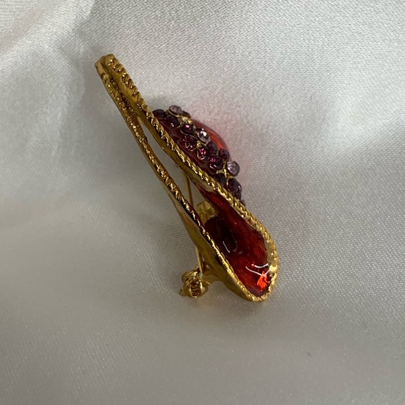 Gold Tone Red Enamel Purple And Clear Rhinestone Accented Red Hat Society Brooch - Picture 2 of 3